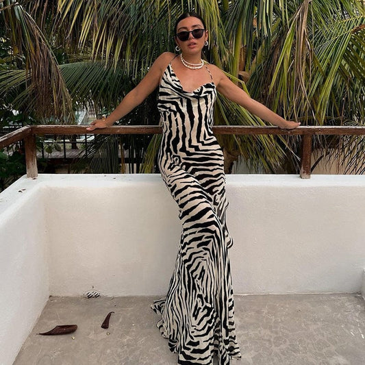 New look boutique 2023 wholesale summer strapless bodycon maxi print zebra dresses women