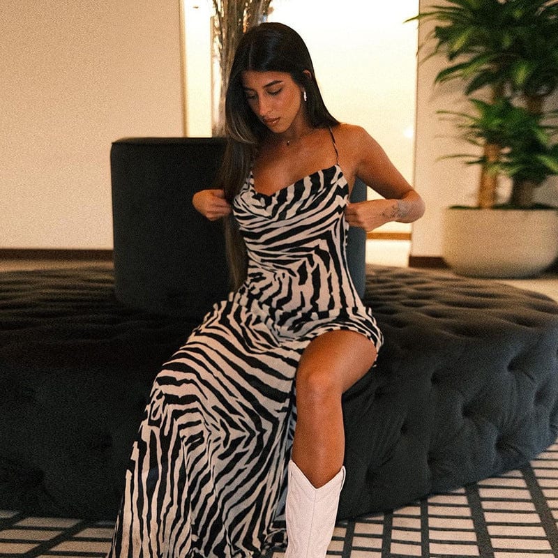 New look boutique 2023 wholesale summer strapless bodycon maxi print zebra dresses women