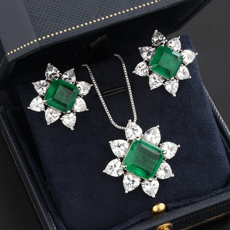 New Luxury Women Fine Jewelry Sets Dubai Diamond Zircon Jewelry Emerald Zirconia Necklace Earrings Bridal Flower Jewellery Set