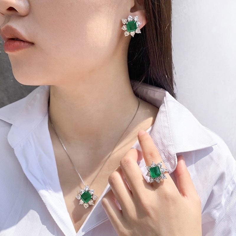 New Luxury Women Fine Jewelry Sets Dubai Diamond Zircon Jewelry Emerald Zirconia Necklace Earrings Bridal Flower Jewellery Set