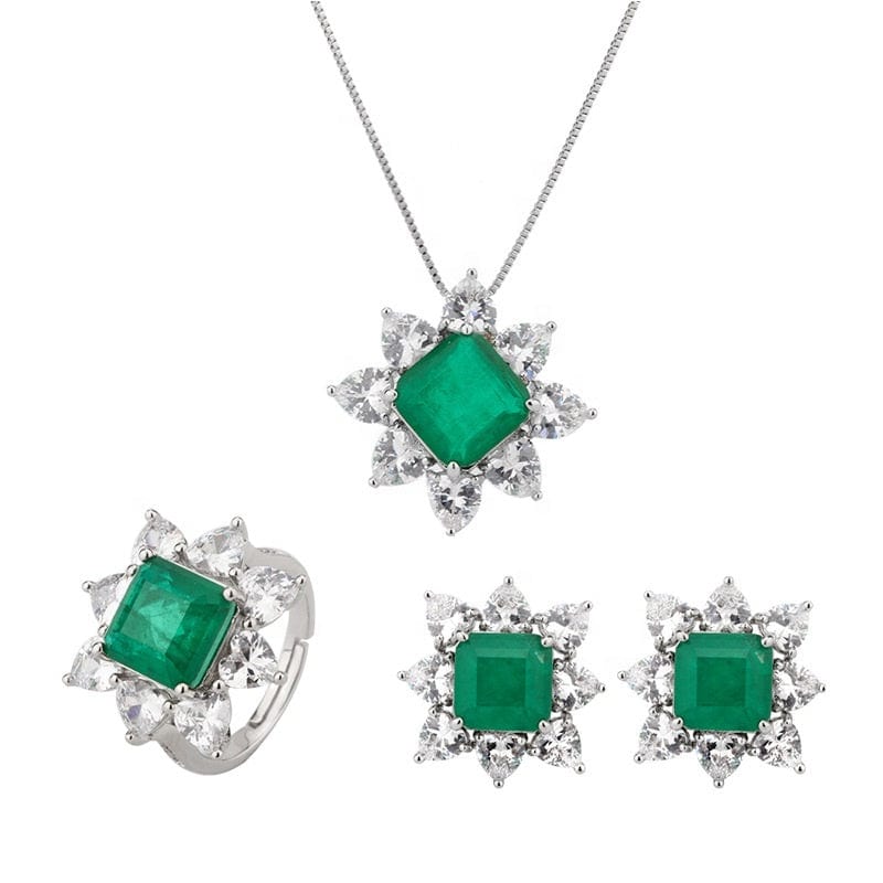 New Luxury Women Fine Jewelry Sets Dubai Diamond Zircon Jewelry Emerald Zirconia Necklace Earrings Bridal Flower Jewellery Set