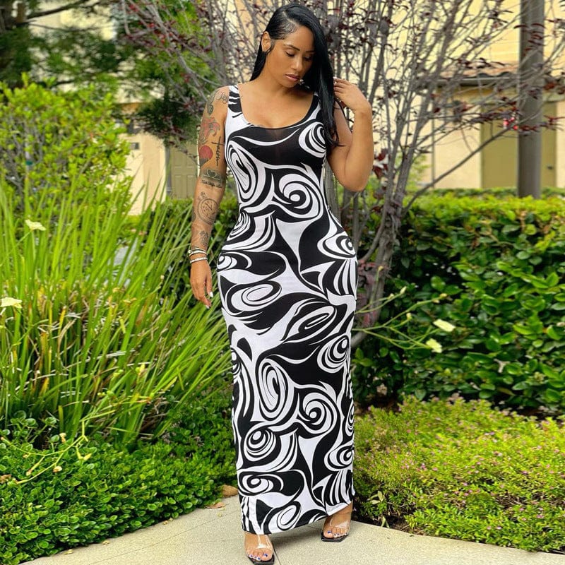 New Maxi Dresses Ladies Women Zebra Striped Printed Bodycon Beach Black Long Dress Elegant Summer Casual Streetwear