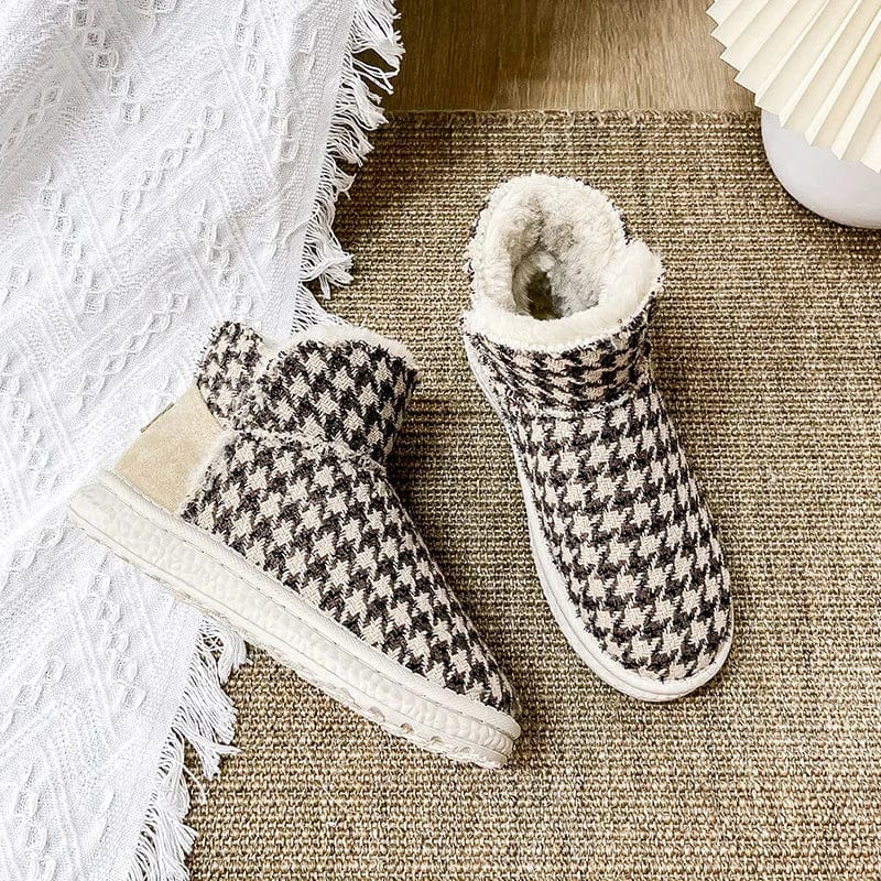 New models winter wholesale ugh boots for women houndstooth leather slip on cowhide shoes lady's winter hiking outdoor bootie