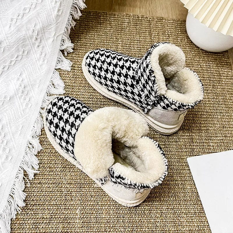 New models winter wholesale ugh boots for women houndstooth leather slip on cowhide shoes lady's winter hiking outdoor bootie