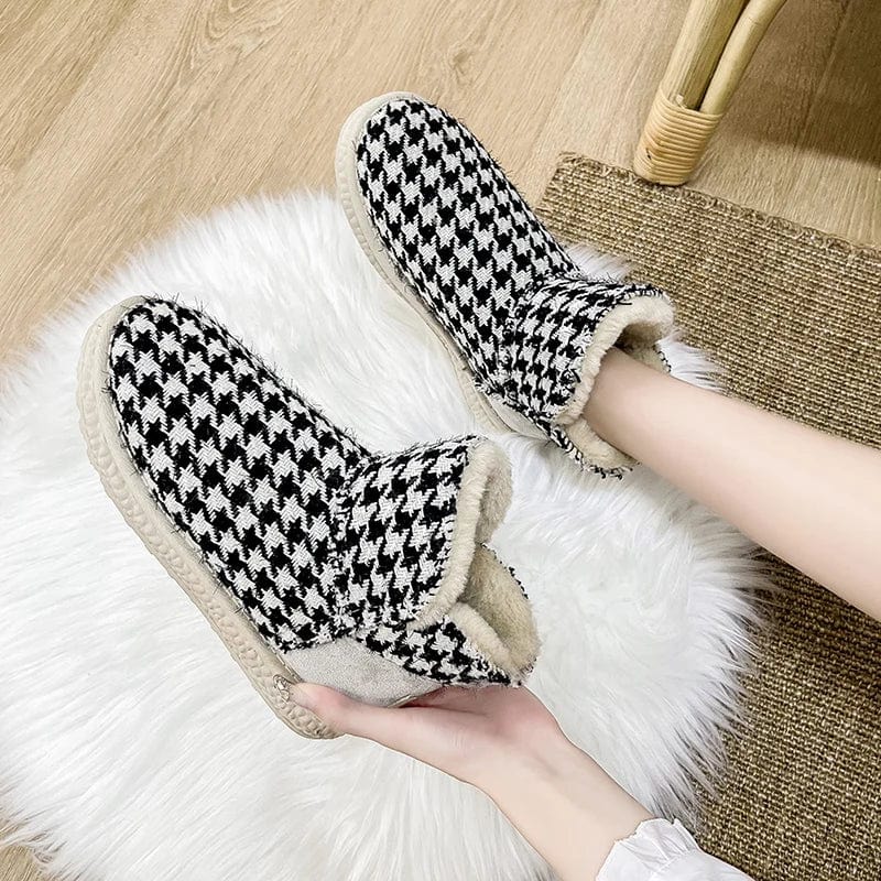 New models winter wholesale ugh boots for women houndstooth leather slip on cowhide shoes lady's winter hiking outdoor bootie