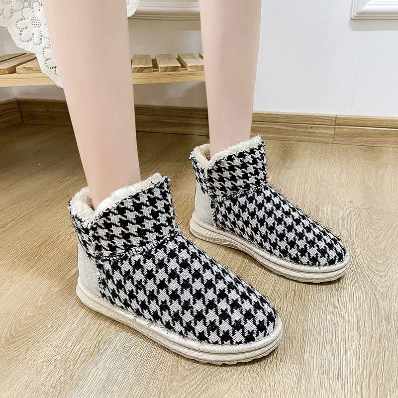 New models winter wholesale ugh boots for women houndstooth leather slip on cowhide shoes lady's winter hiking outdoor bootie