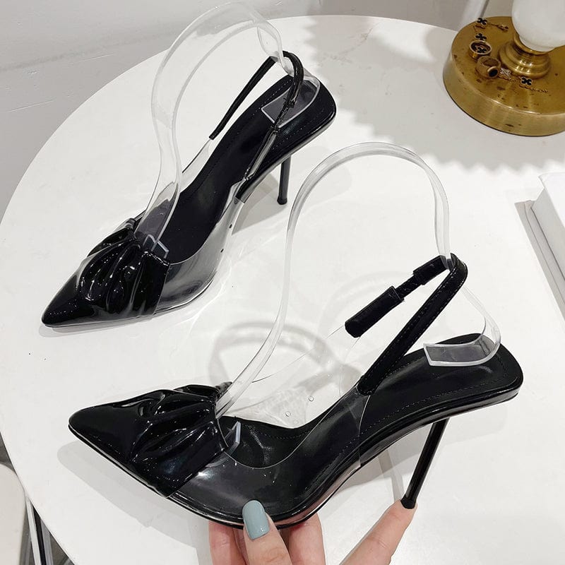 New PVC Black Patent Leather Pointed Toe 2023 Spring Autumn Pleated High Heel Pumps Ankle Elastic Band Slip-On Women Shoes