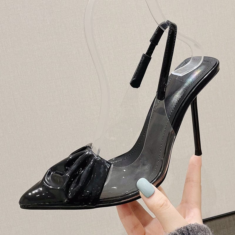 New PVC Black Patent Leather Pointed Toe 2023 Spring Autumn Pleated High Heel Pumps Ankle Elastic Band Slip-On Women Shoes