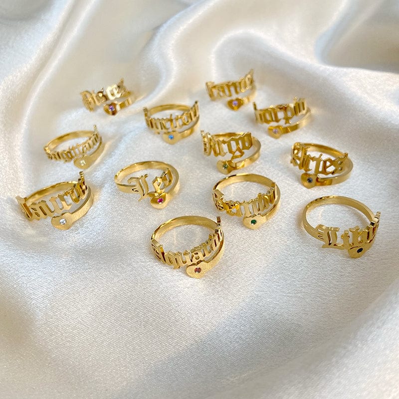 New retro open letter love zircon inlaid stainless steel gold plated twelve constellation set ring adjustable jewelry