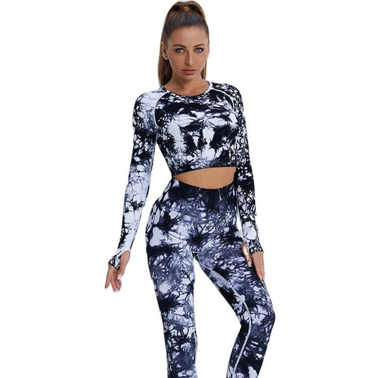 New seamless Yoga suit long suit tie dyed high waist hip lifting Yoga Pants women's long sleeved top sportswear  New seamless Yo