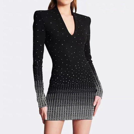 New Sexy Fashion Black Long Sleeve Dress Pearls And Diamond Beading Party Dresses