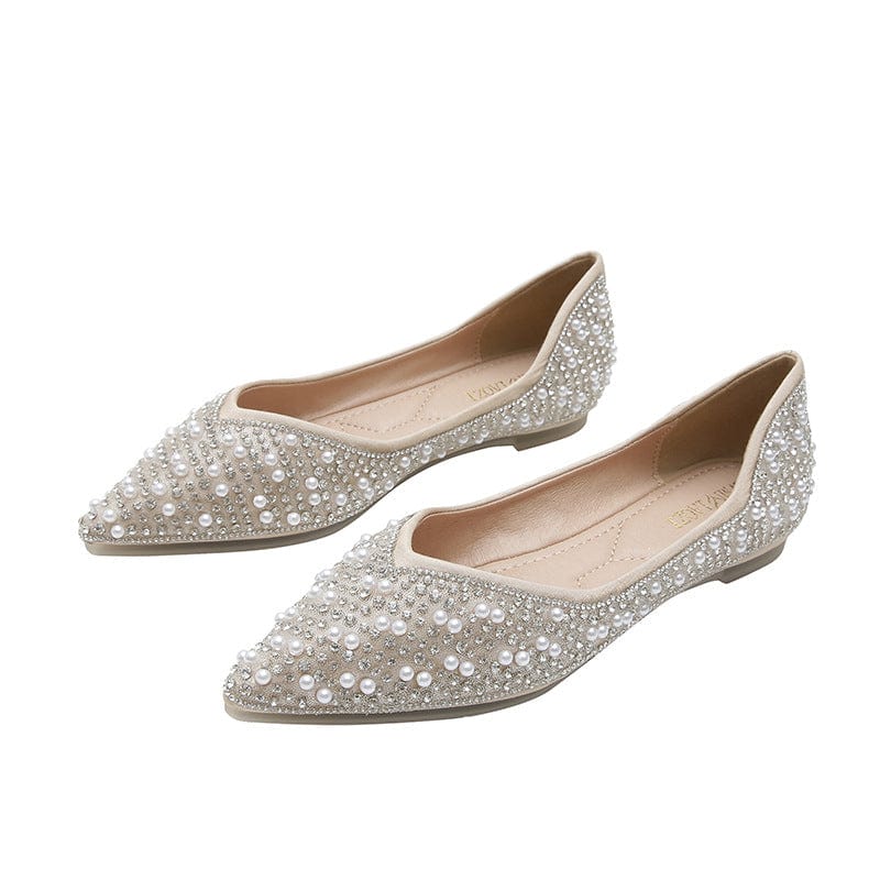 New Shallow Rhinestone Flat Low Heels for Ladies and Women Wrap-toe Pearls Elegant Sandal Shoes