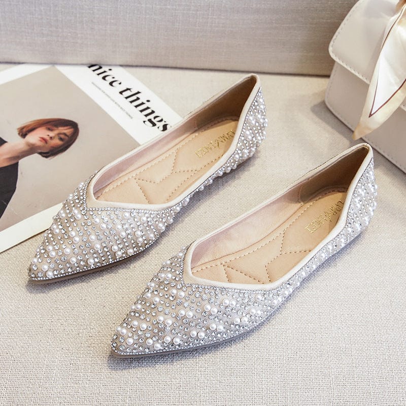 New Shallow Rhinestone Flat Low Heels for Ladies and Women Wrap-toe Pearls Elegant Sandal Shoes