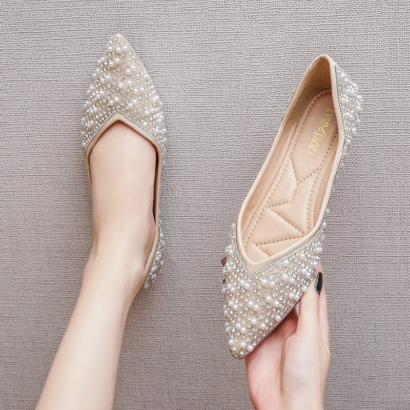 New Shallow Rhinestone Flat Low Heels for Ladies and Women Wrap-toe Pearls Elegant Sandal Shoes