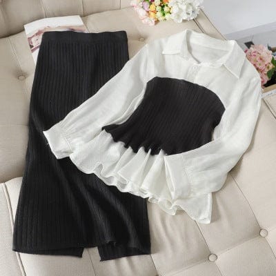 New spring two piece sets women outfit fashion patchwork blouse tops + Wrap skirt 2 pcs suits ladies tracksuits elegant clothes