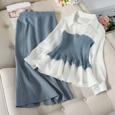 New spring two piece sets women outfit fashion patchwork blouse tops + Wrap skirt 2 pcs suits ladies tracksuits elegant clothes