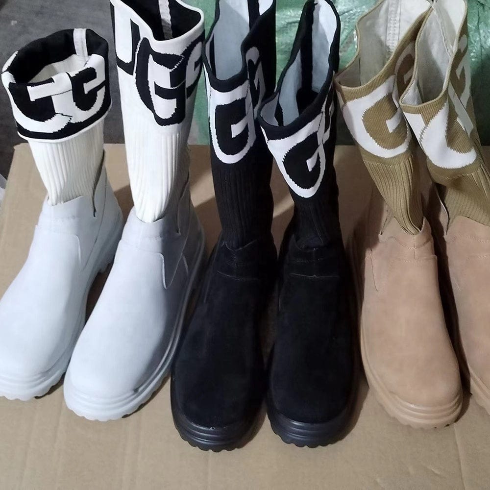 New Stretchy Knitting Upper Women Knee High Boots Flat Heels Slip on Long Booties Round Toe Causal Winter Shoes