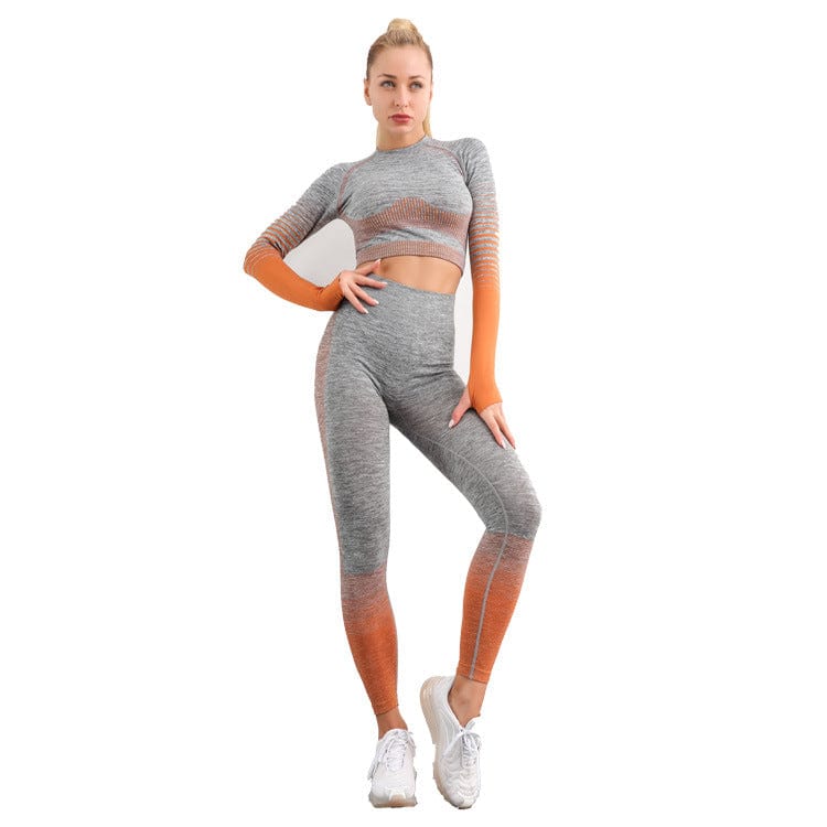 New Stripe Long Sleeve Seamless Knit Butt Lift Mesh High Waist Yoga Set Woman