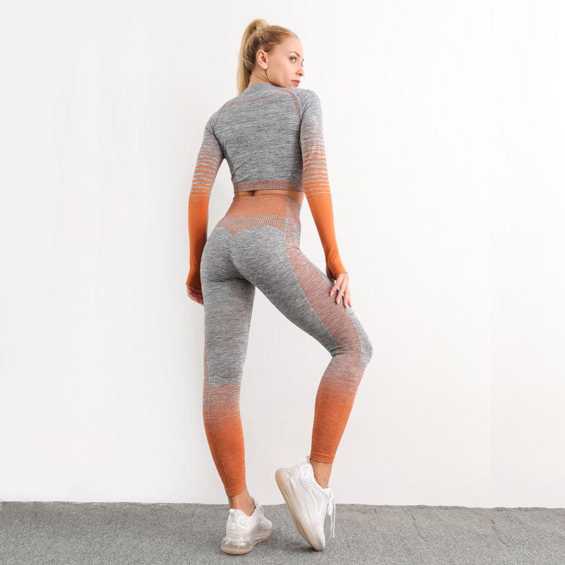 New Stripe Long Sleeve Seamless Knit Butt Lift Mesh High Waist Yoga Set Woman