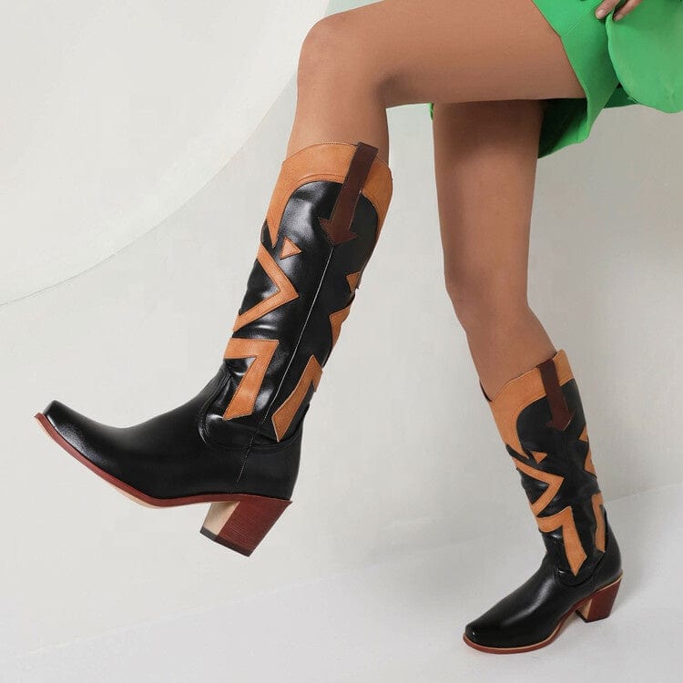 New Style 2023 Women's Cowboy Knee High Boots Chunky Heel Square Toe Women's Shoes Black White Slip-on Girls Knight Long Boots