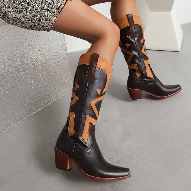 New Style 2023 Women's Cowboy Knee High Boots Chunky Heel Square Toe Women's Shoes Black White Slip-on Girls Knight Long Boots