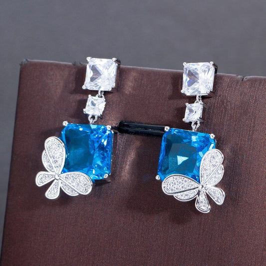 New Style Dangle Drop Topaz Square Cubic Zirconia Light Blue Cute Butterfly Earrings for Women Elegant Daily Party CZ Jewelry