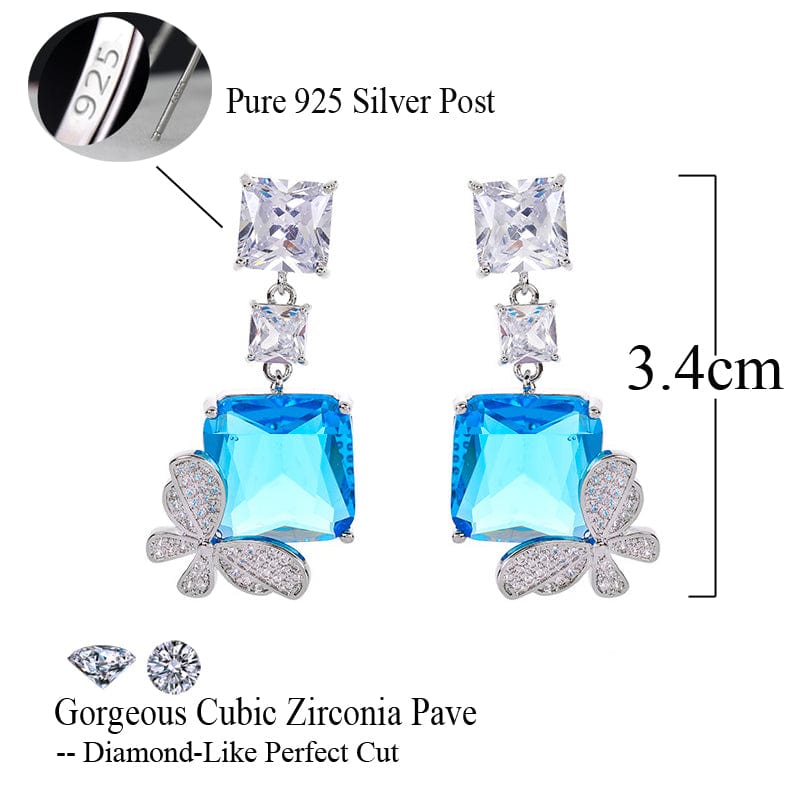 New Style Dangle Drop Topaz Square Cubic Zirconia Light Blue Cute Butterfly Earrings for Women Elegant Daily Party CZ Jewelry