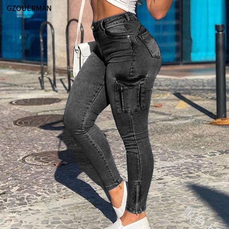 New Style Denim Jeans for Women Zipper Leg Pockets Elastic Overalls Whitened Trousers Pants Slim Pencil Jeans