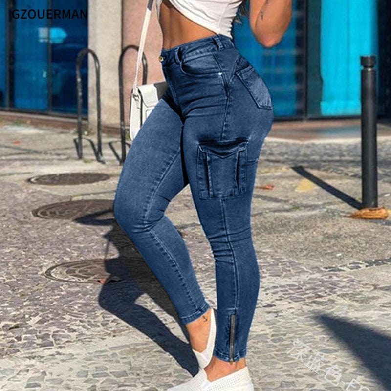 New Style Denim Jeans for Women Zipper Leg Pockets Elastic Overalls Whitened Trousers Pants Slim Pencil Jeans