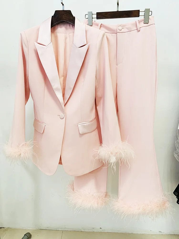 New Style Fashion Pink Ladies Clothes Two Pieces Suit Set Long Pants Business Blazer With Feathers