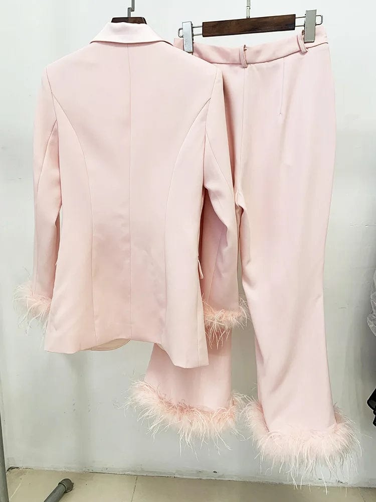 New Style Fashion Pink Ladies Clothes Two Pieces Suit Set Long Pants Business Blazer With Feathers