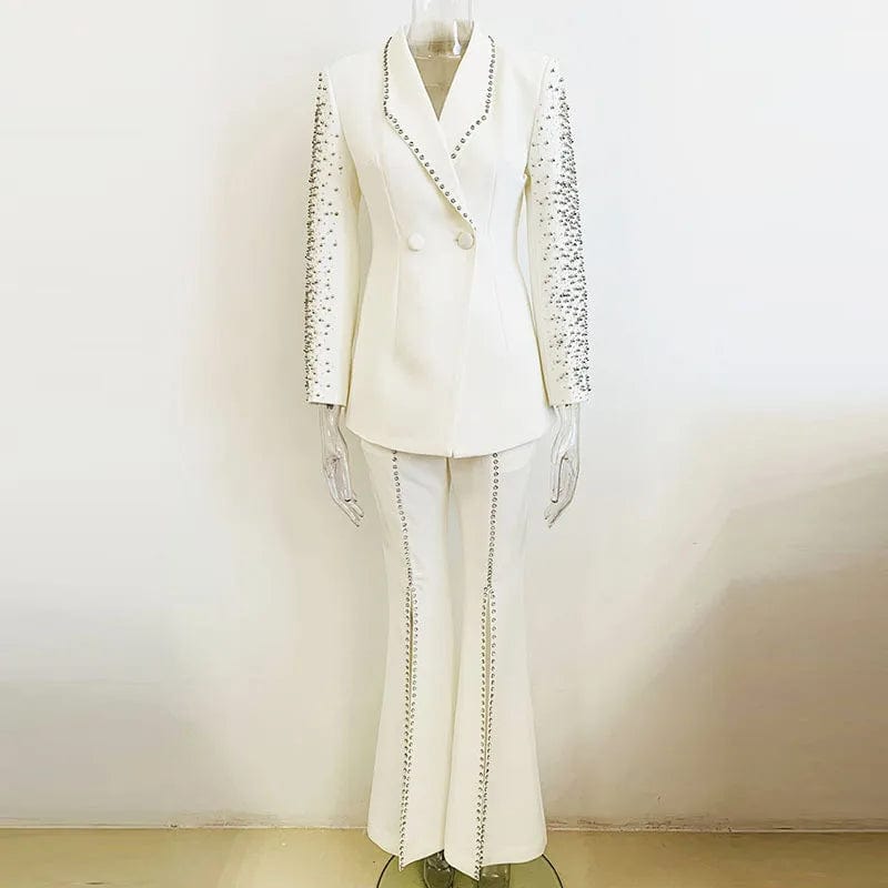 New Style Fashion Women's White Wear Beaded Diamond Two Pieces Suit Long Pants Business Blazer