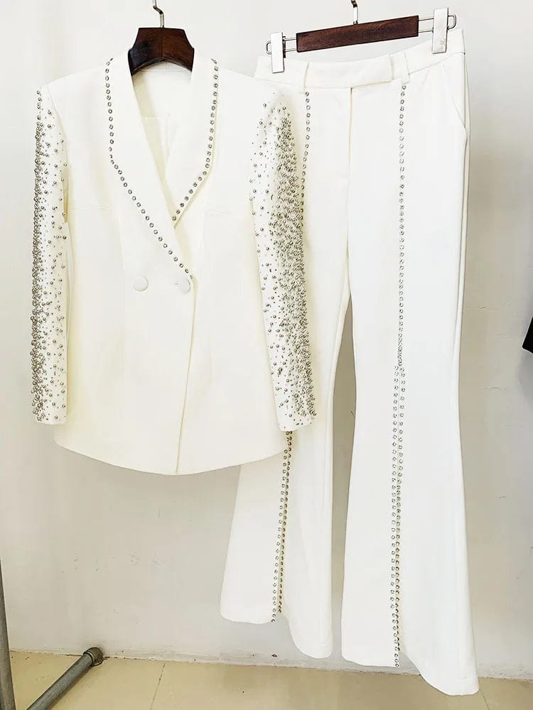 New Style Fashion Women's White Wear Beaded Diamond Two Pieces Suit Long Pants Business Blazer