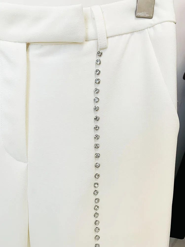 New Style Fashion Women's White Wear Beaded Diamond Two Pieces Suit Long Pants Business Blazer