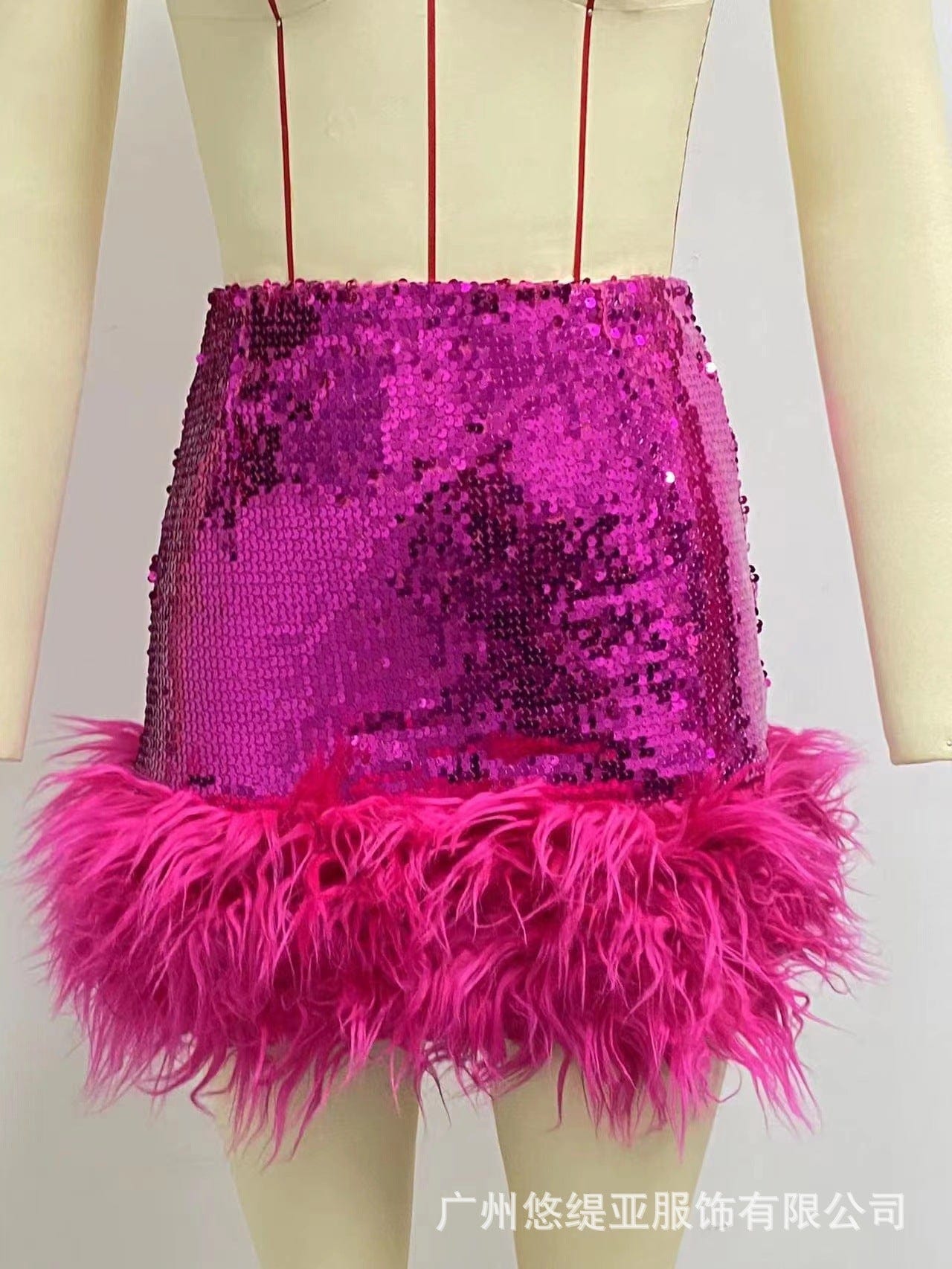 New Style Fuchsia Sexy Feather High Waist Falda Clubwear Party Sequins Bodycon Mini Skirts For Women