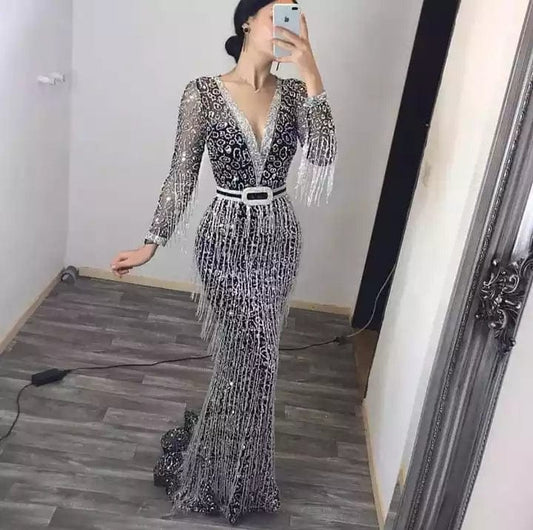 New Style Prom Dresses Party Maxi Sequin Luxury Evening Dress Black Tassel Black Sequin Dress