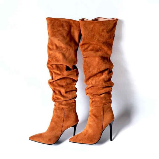 New Style Suede Fashion Folds Over Knee Boots High Heels Stiletto Shoes Ladies Elegant Brown Plush Lining Long Booties Size 14