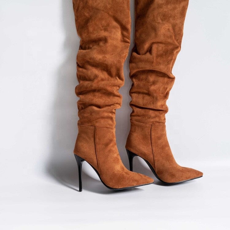 New Style Suede Fashion Folds Over Knee Boots High Heels Stiletto Shoes Ladies Elegant Brown Plush Lining Long Booties Size 14