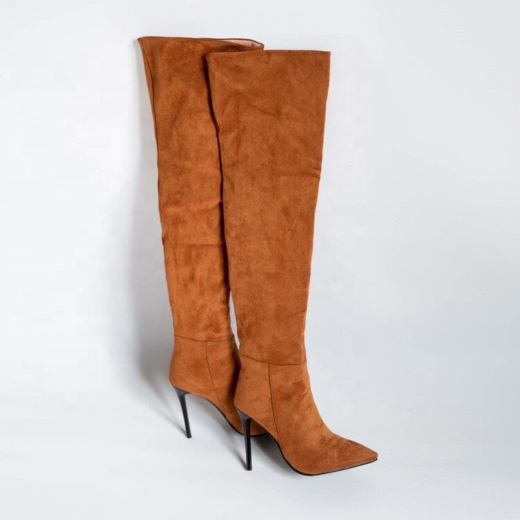 New Style Suede Fashion Folds Over Knee Boots High Heels Stiletto Shoes Ladies Elegant Brown Plush Lining Long Booties Size 14