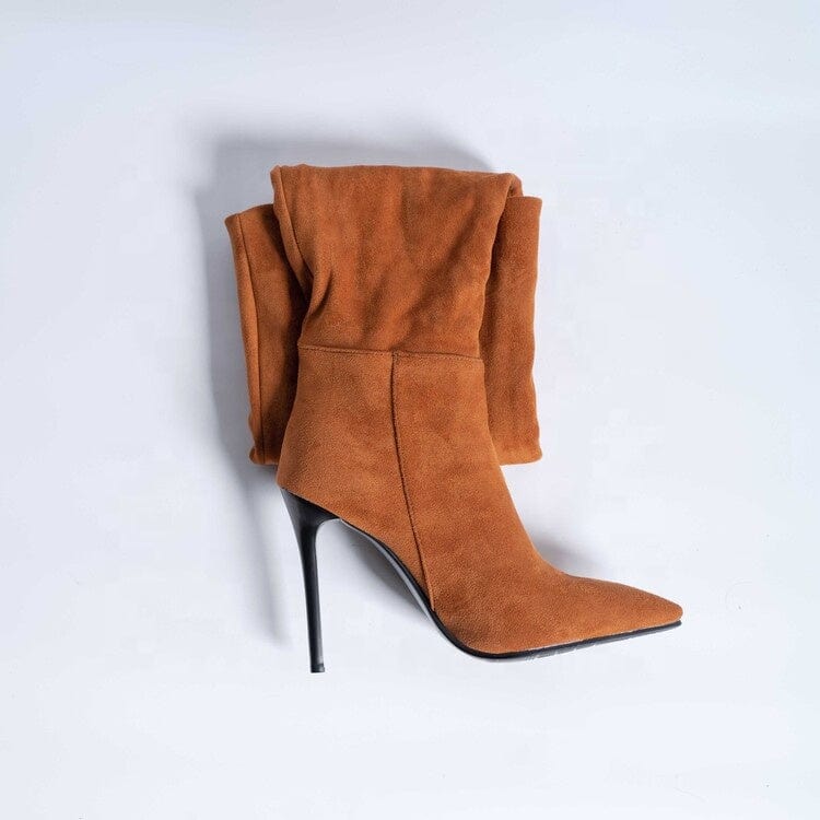 New Style Suede Fashion Folds Over Knee Boots High Heels Stiletto Shoes Ladies Elegant Brown Plush Lining Long Booties Size 14