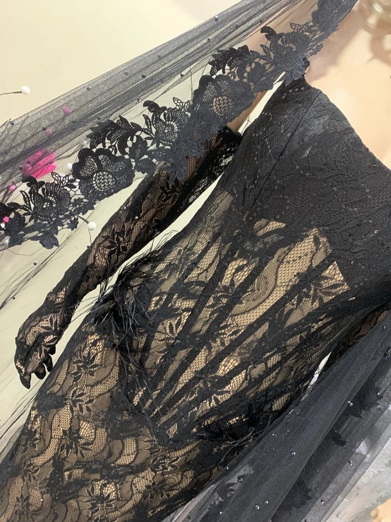 New Style women's Black sexy Bodycon Lace Gloves Floor Length Evening Maxi Dress