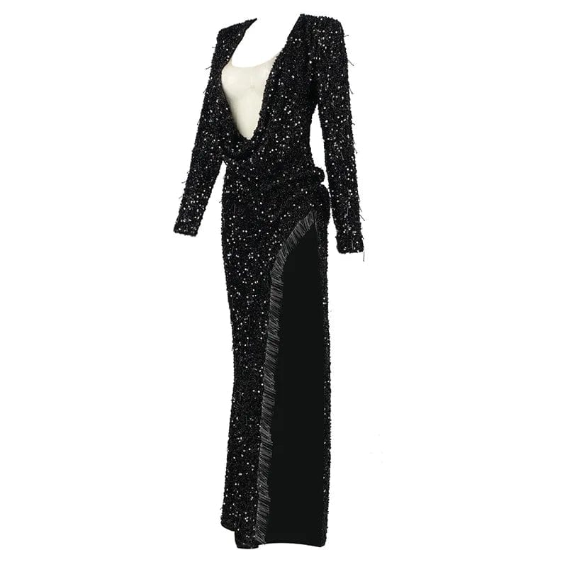 New Style Women's Black V Neck Sexy Long Dress Sequined Party Evening Dresses