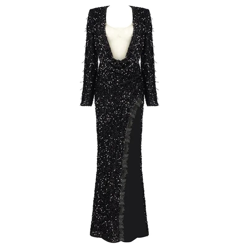 New Style Women's Black V Neck Sexy Long Dress Sequined Party Evening Dresses