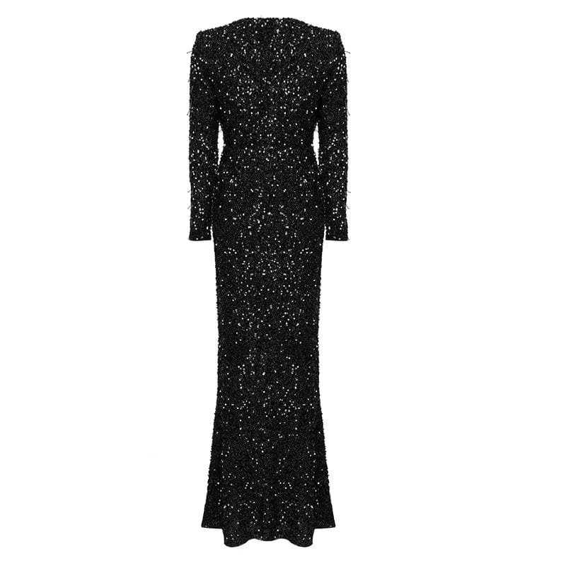 New Style Women's Black V Neck Sexy Long Dress Sequined Party Evening Dresses