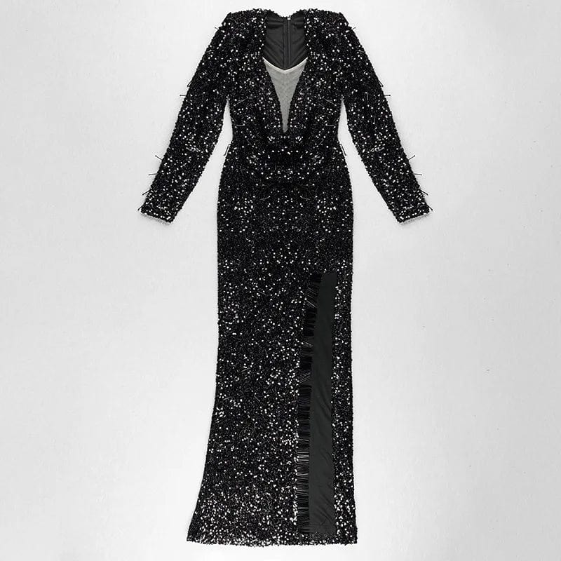 New Style Women's Black V Neck Sexy Long Dress Sequined Party Evening Dresses