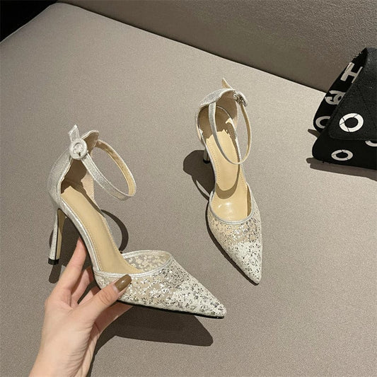 New Summer Bling Pointed High Heels Silver Mesh Sequined Cloth Women's Sandals Buckle Pumps Stiletto Wedding Women Shoes 2023