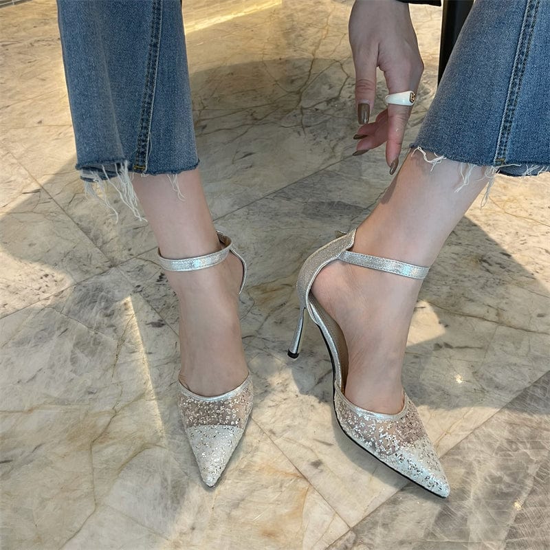 New Summer Bling Pointed High Heels Silver Mesh Sequined Cloth Women's Sandals Buckle Pumps Stiletto Wedding Women Shoes 2023