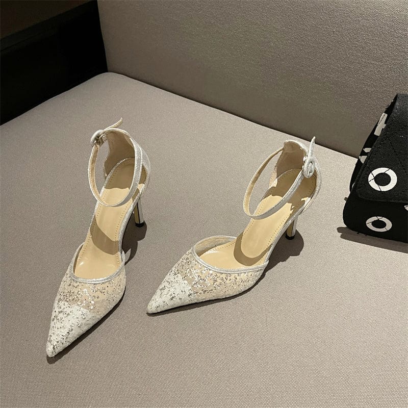 New Summer Bling Pointed High Heels Silver Mesh Sequined Cloth Women's Sandals Buckle Pumps Stiletto Wedding Women Shoes 2023