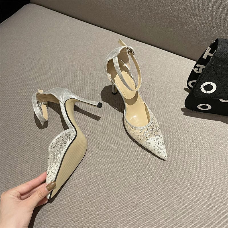 New Summer Bling Pointed High Heels Silver Mesh Sequined Cloth Women's Sandals Buckle Pumps Stiletto Wedding Women Shoes 2023