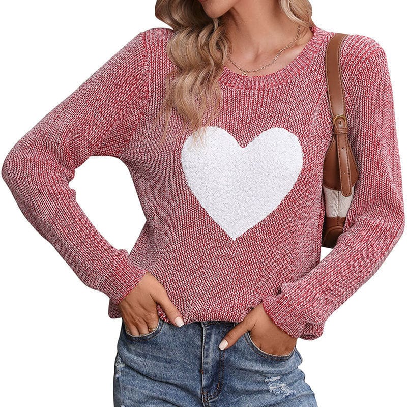 New Sweater Pullover Round Neck Plush Loving Heart Patch For Women